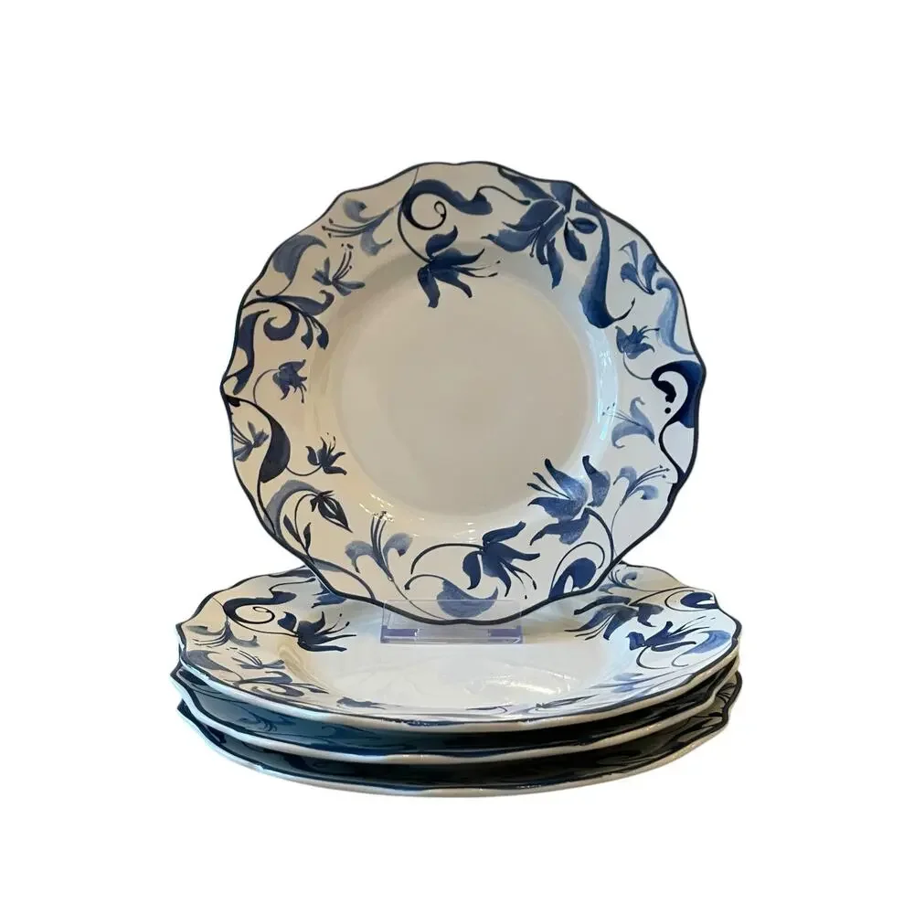 New 222 Fifth AYLA Blue Floral Porcelain 8.5in Salad Plates Scalloped Set of 4